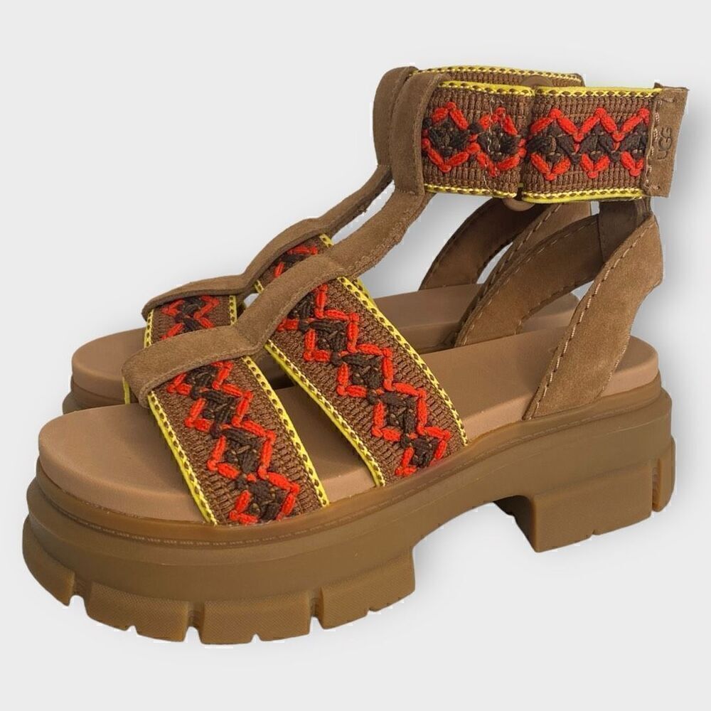 UGG Ashton Heritage Braid Chestnut Leather Strap Womens Sandals size US 9 New